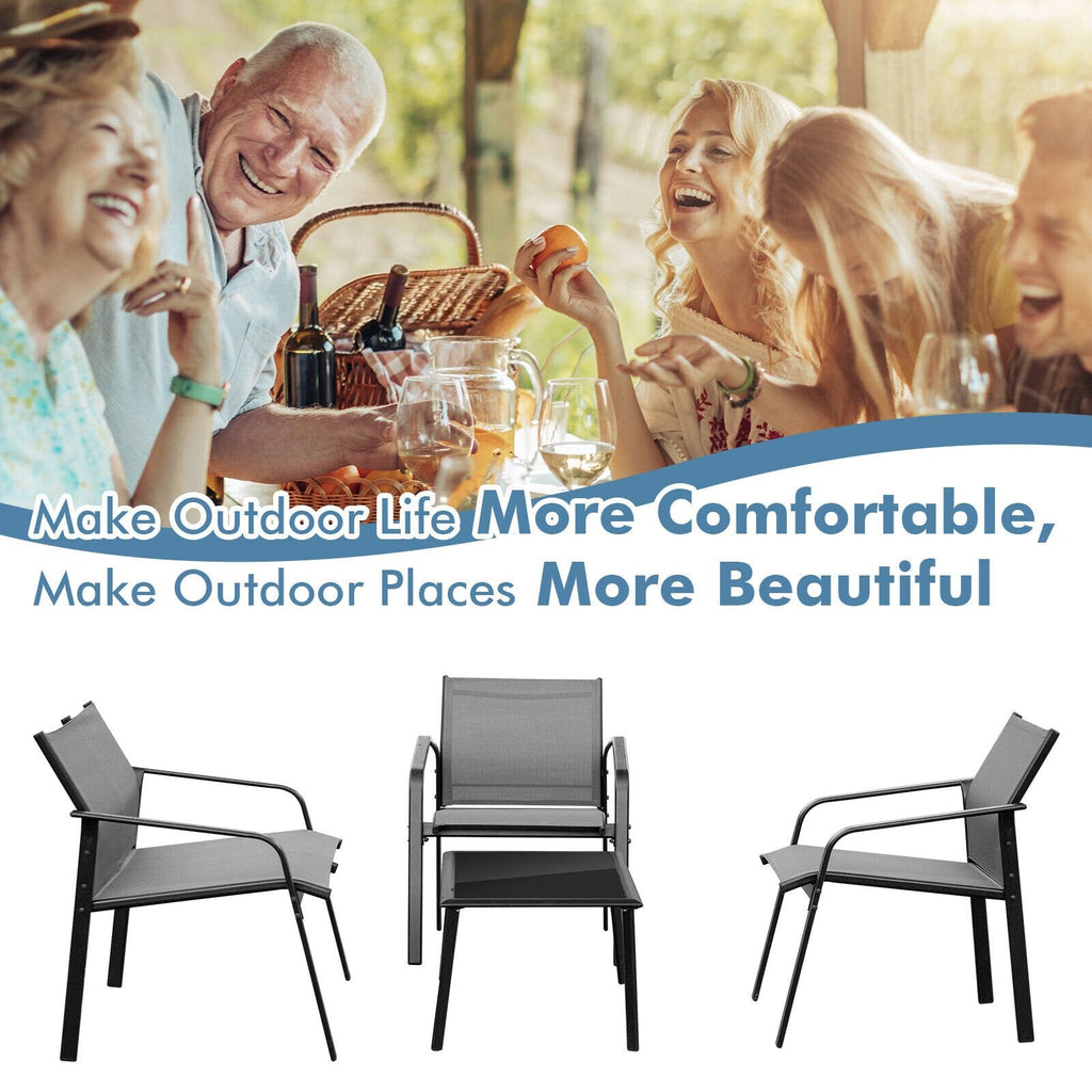 4 Piece Sling Patio Conversation Set with Glass Coffee Table, Gray