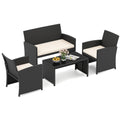 4 Piece Rattan Patio Conversation Set with Glass Coffee Table and Removable Cushions, Off White