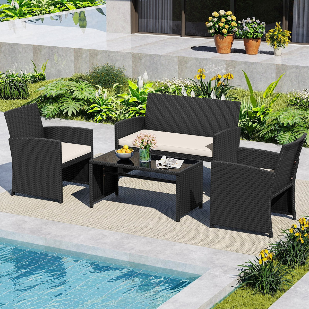 4 Piece Rattan Patio Conversation Set with Glass Coffee Table and Removable Cushions, Off White