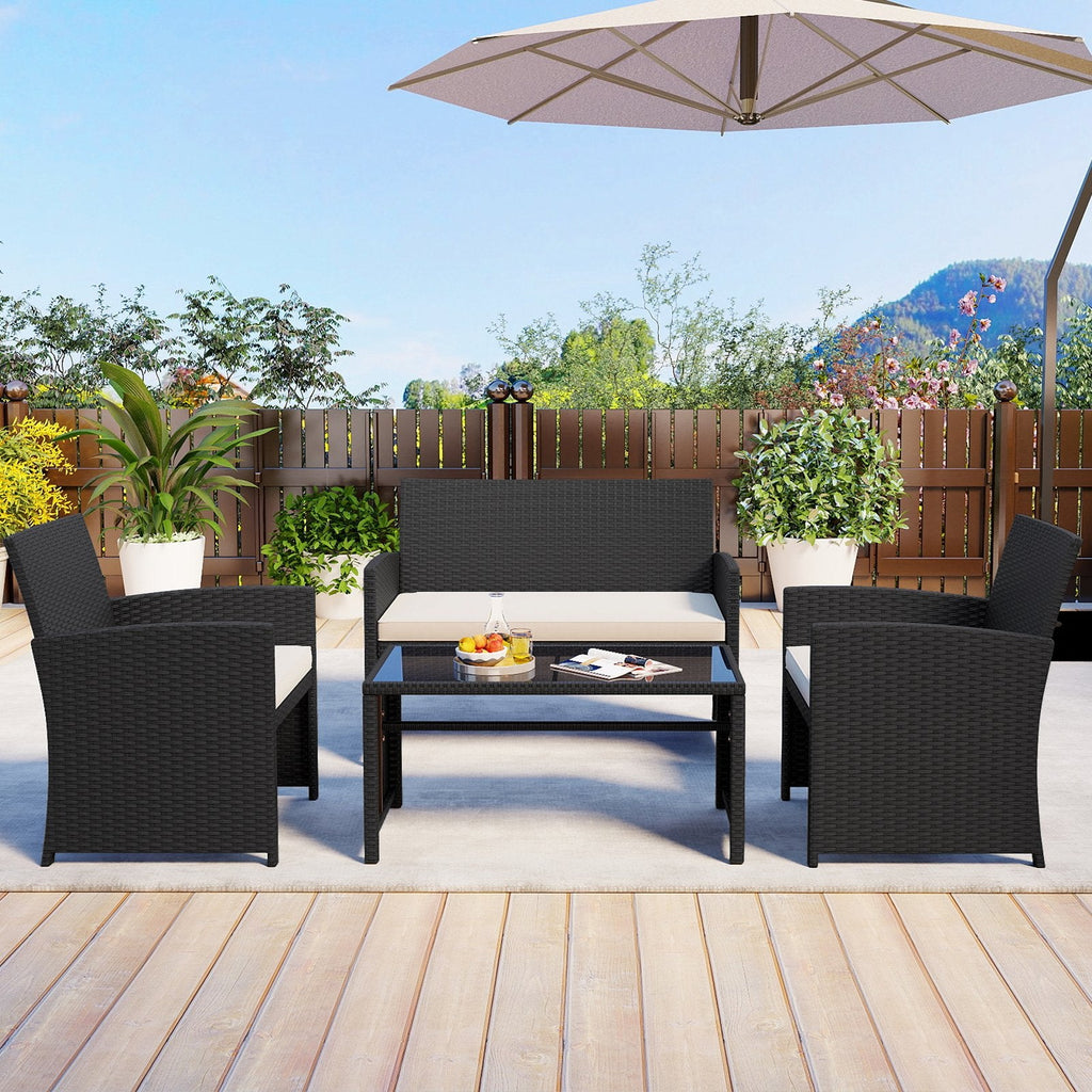 4 Piece Rattan Patio Conversation Set with Glass Coffee Table and Removable Cushions, Off White