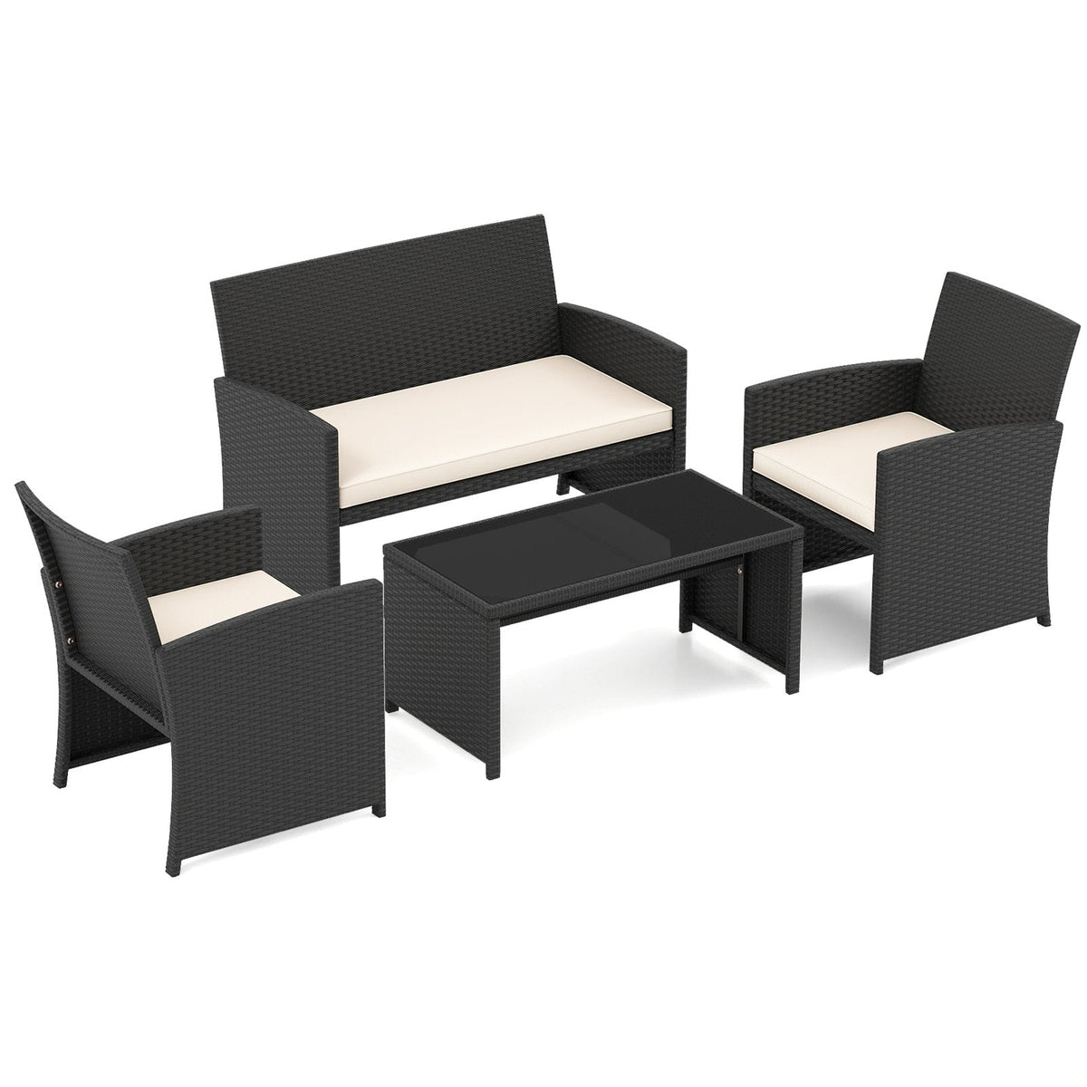 4 Piece Rattan Patio Conversation Set with Glass Coffee Table and Removable Cushions, Off White