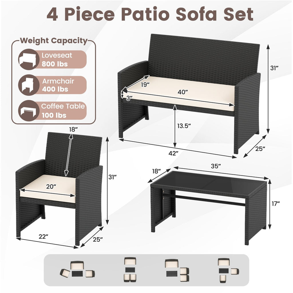 4 Piece Rattan Patio Conversation Set with Glass Coffee Table and Removable Cushions, Off White