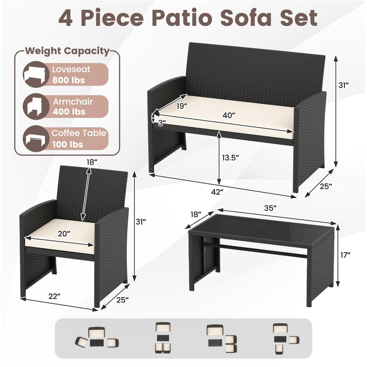 4 Piece Rattan Patio Conversation Set with Glass Coffee Table and Removable Cushions, Off White