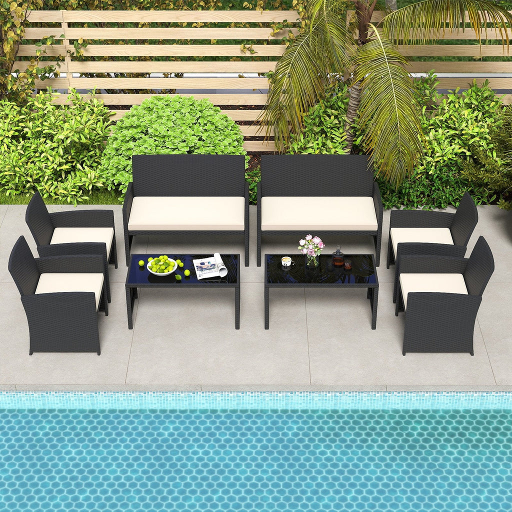 4 Piece Rattan Patio Conversation Set with Glass Coffee Table and Removable Cushions, Off White