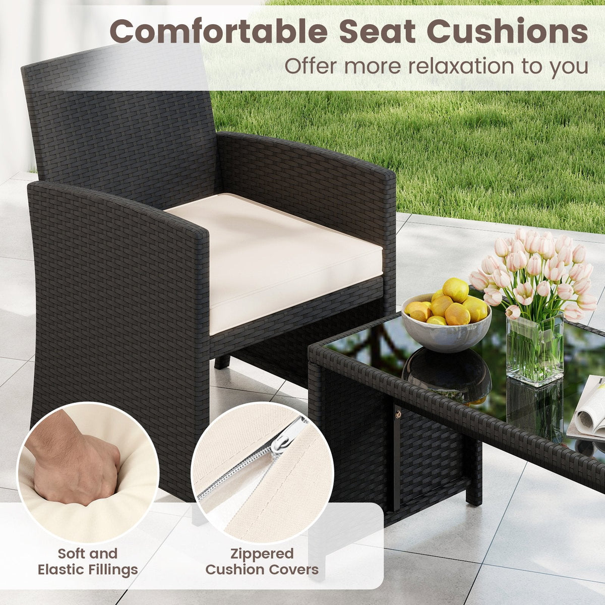 4 Piece Rattan Patio Conversation Set with Glass Coffee Table and Removable Cushions, Off White