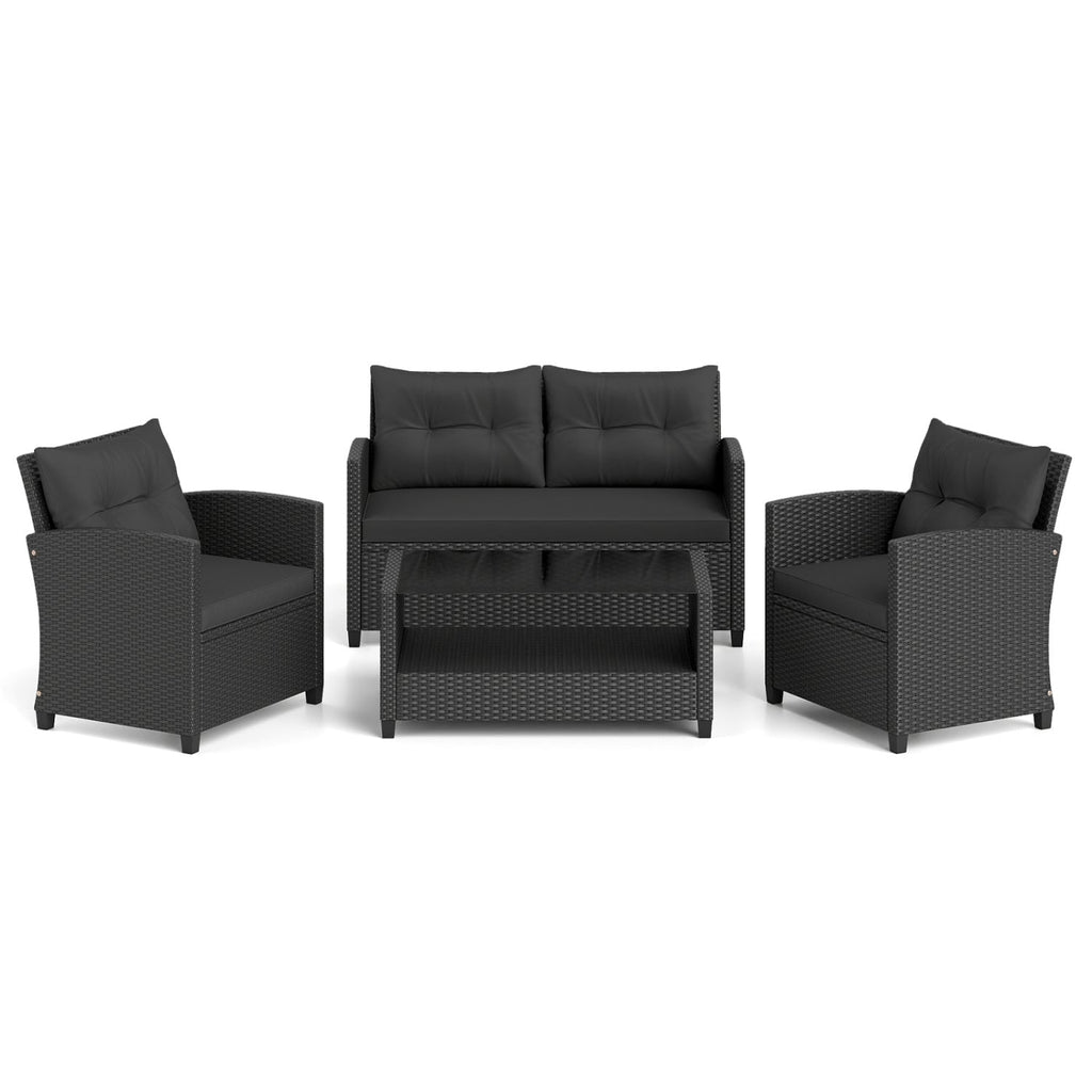 4 Piece Rattan Patio Conversation Set with 2 Tier Glass Coffee Table, Black
