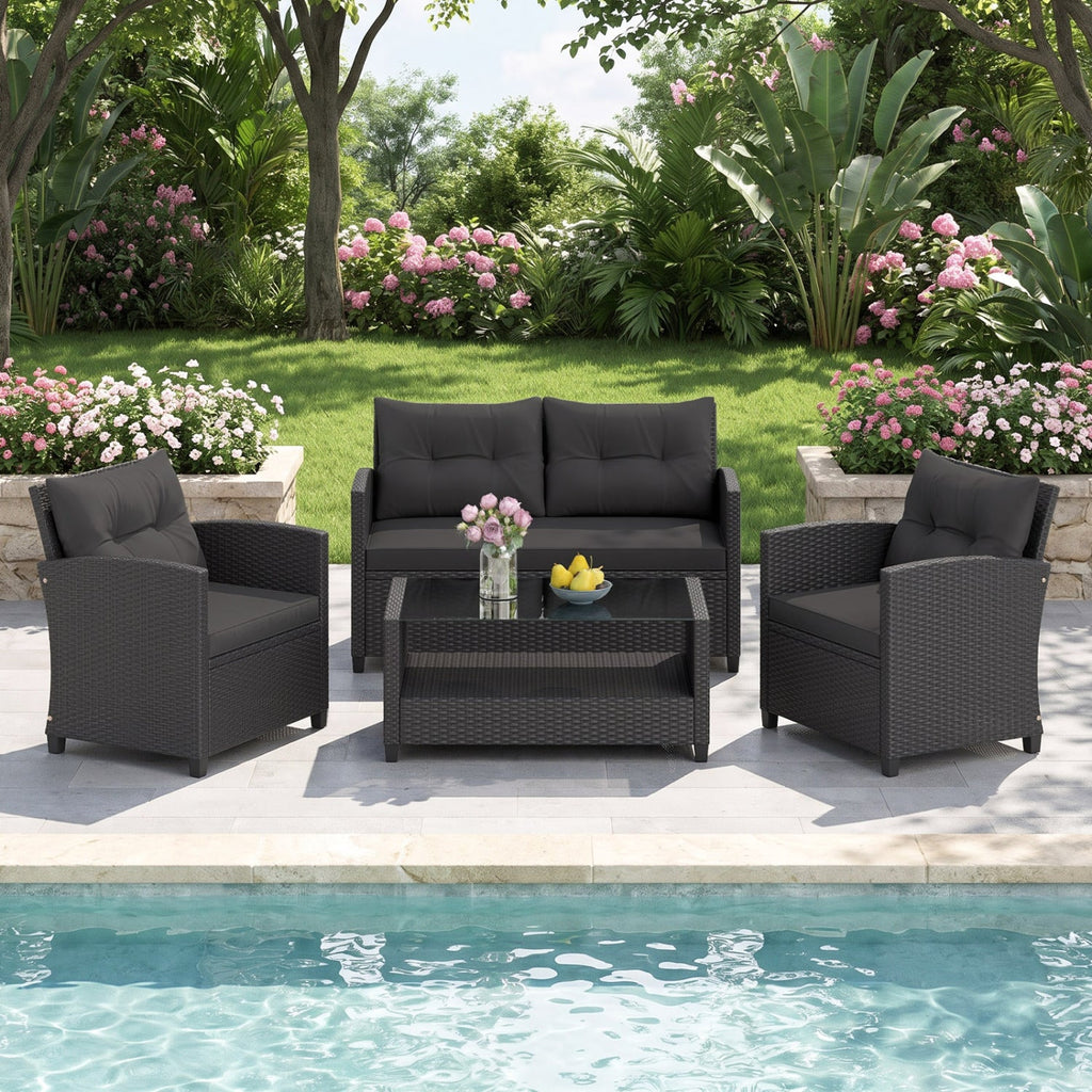 4 Piece Rattan Patio Conversation Set with 2 Tier Glass Coffee Table, Black