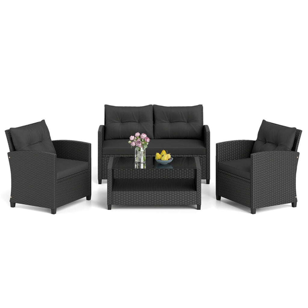 4 Piece Rattan Patio Conversation Set with 2 Tier Glass Coffee Table, Black