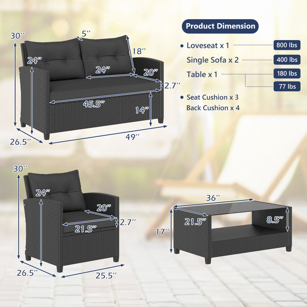 4 Piece Rattan Patio Conversation Set with 2 Tier Glass Coffee Table, Black