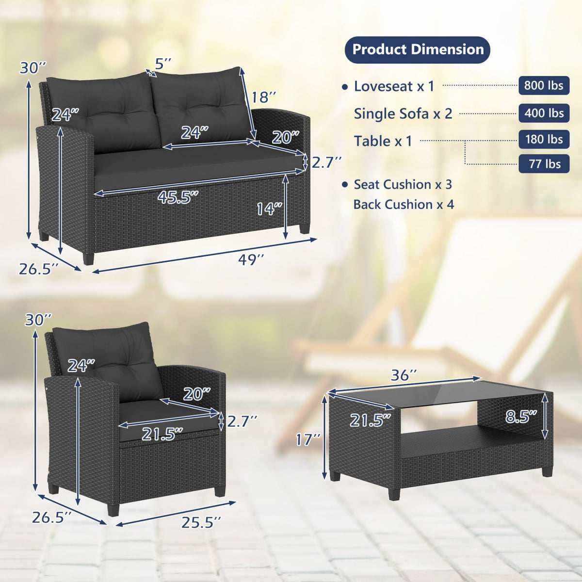 4 Piece Rattan Patio Conversation Set with 2 Tier Glass Coffee Table, Black