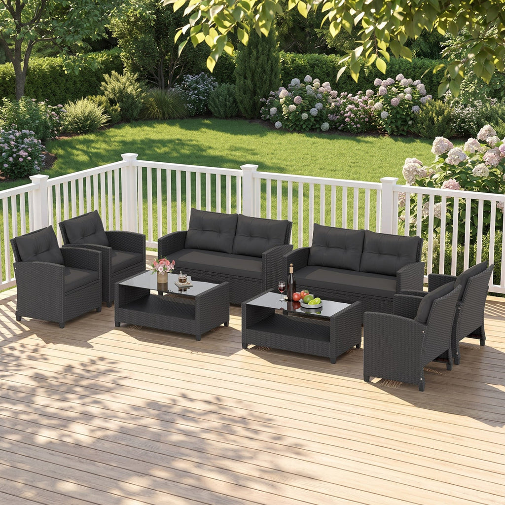 4 Piece Rattan Patio Conversation Set with 2 Tier Glass Coffee Table, Black