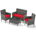 4 Piece Rattan Patio Conversation Set with Tempered Glass Coffee Table, Red