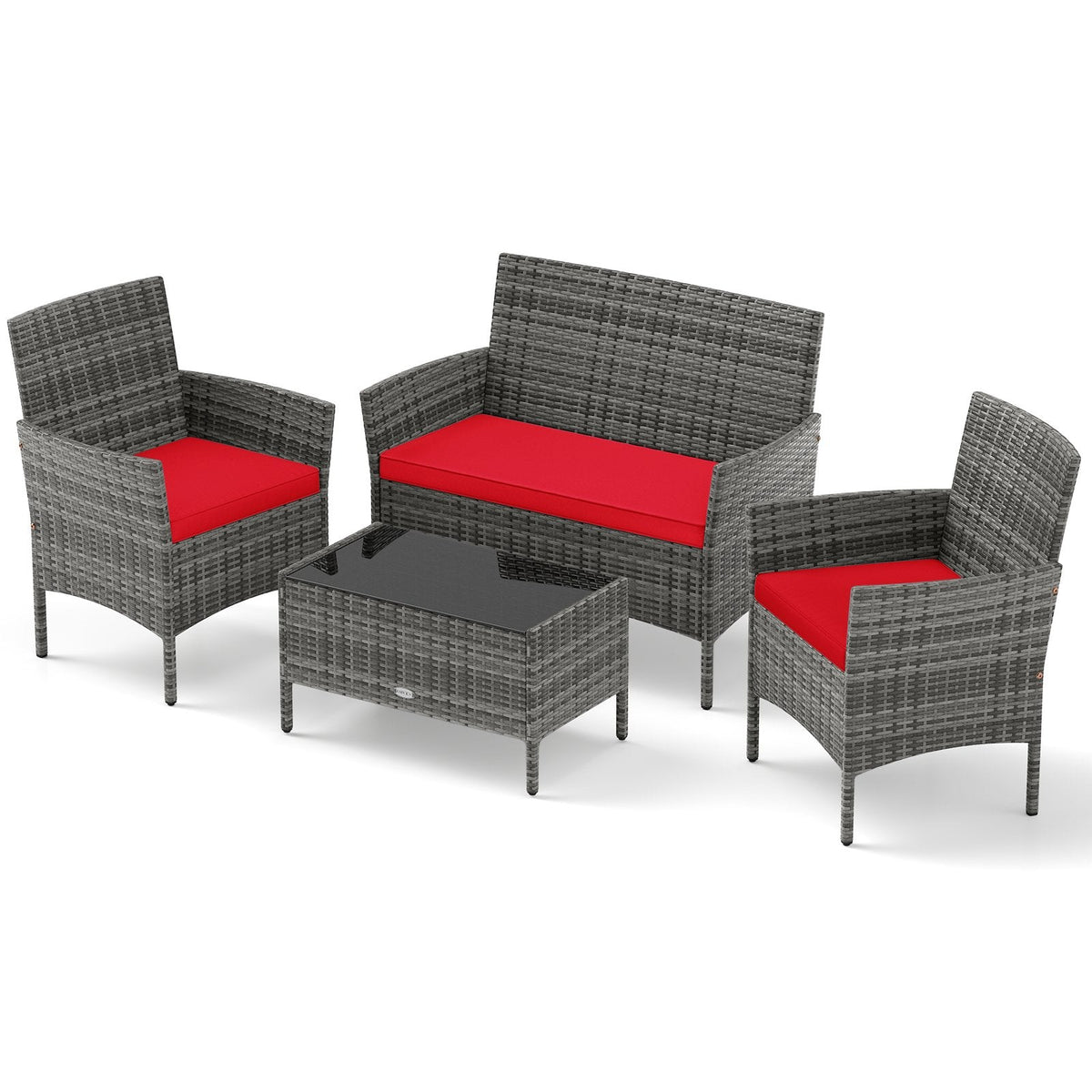4 Piece Rattan Patio Conversation Set with Tempered Glass Coffee Table, Red