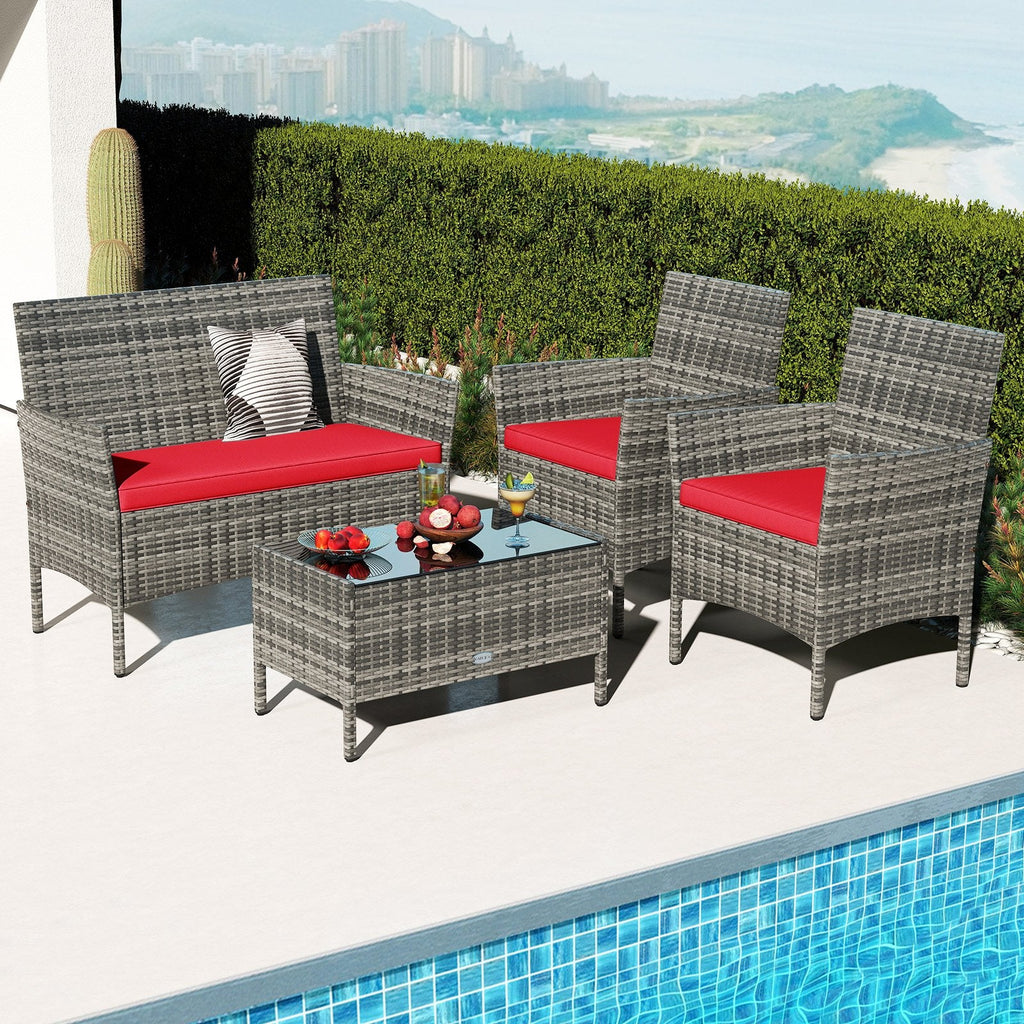 4 Piece Rattan Patio Conversation Set with Tempered Glass Coffee Table, Red