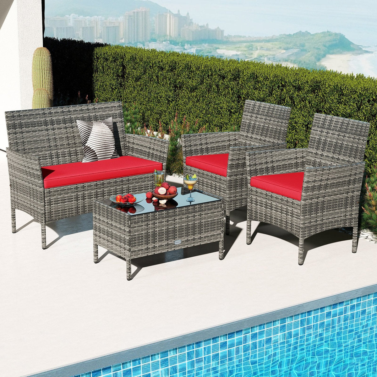4 Piece Rattan Patio Conversation Set with Tempered Glass Coffee Table, Red