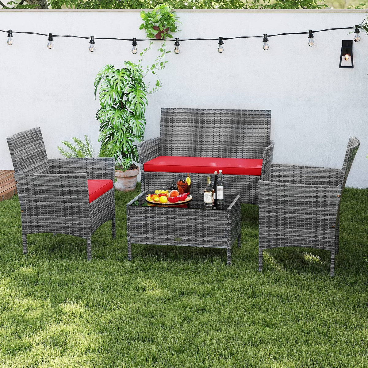 4 Piece Rattan Patio Conversation Set with Tempered Glass Coffee Table, Red