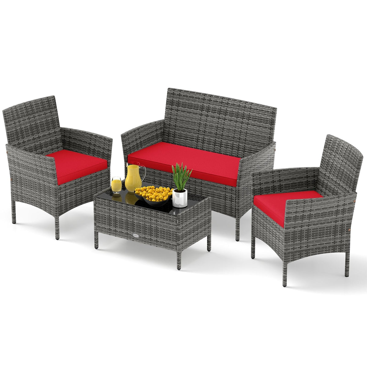4 Piece Rattan Patio Conversation Set with Tempered Glass Coffee Table, Red