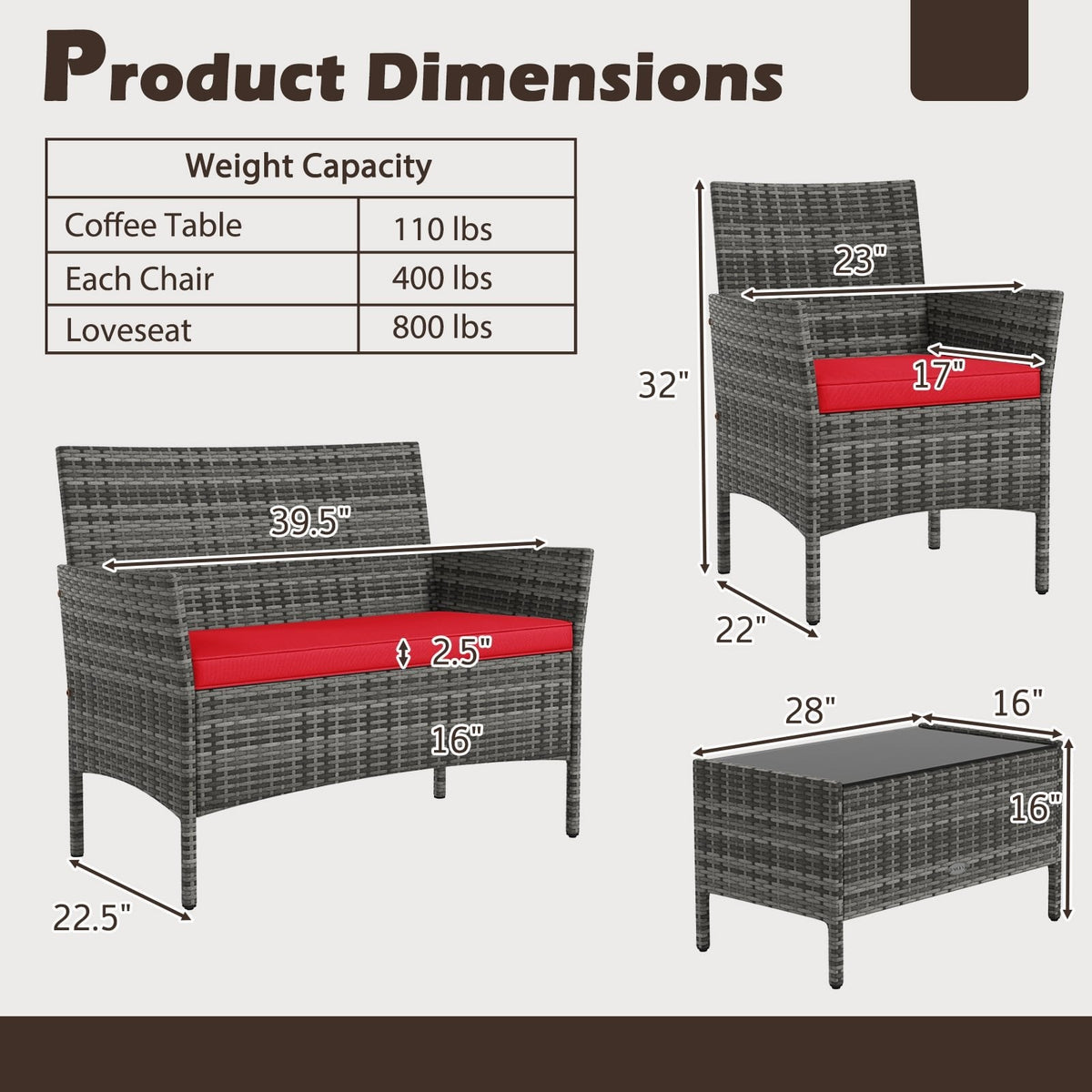 4 Piece Rattan Patio Conversation Set with Tempered Glass Coffee Table, Red
