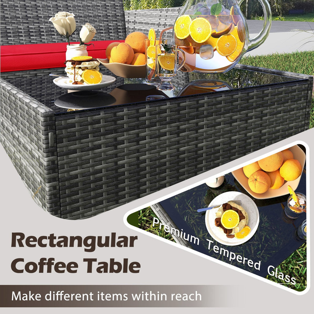 4 Piece Rattan Patio Conversation Set with Tempered Glass Coffee Table, Red