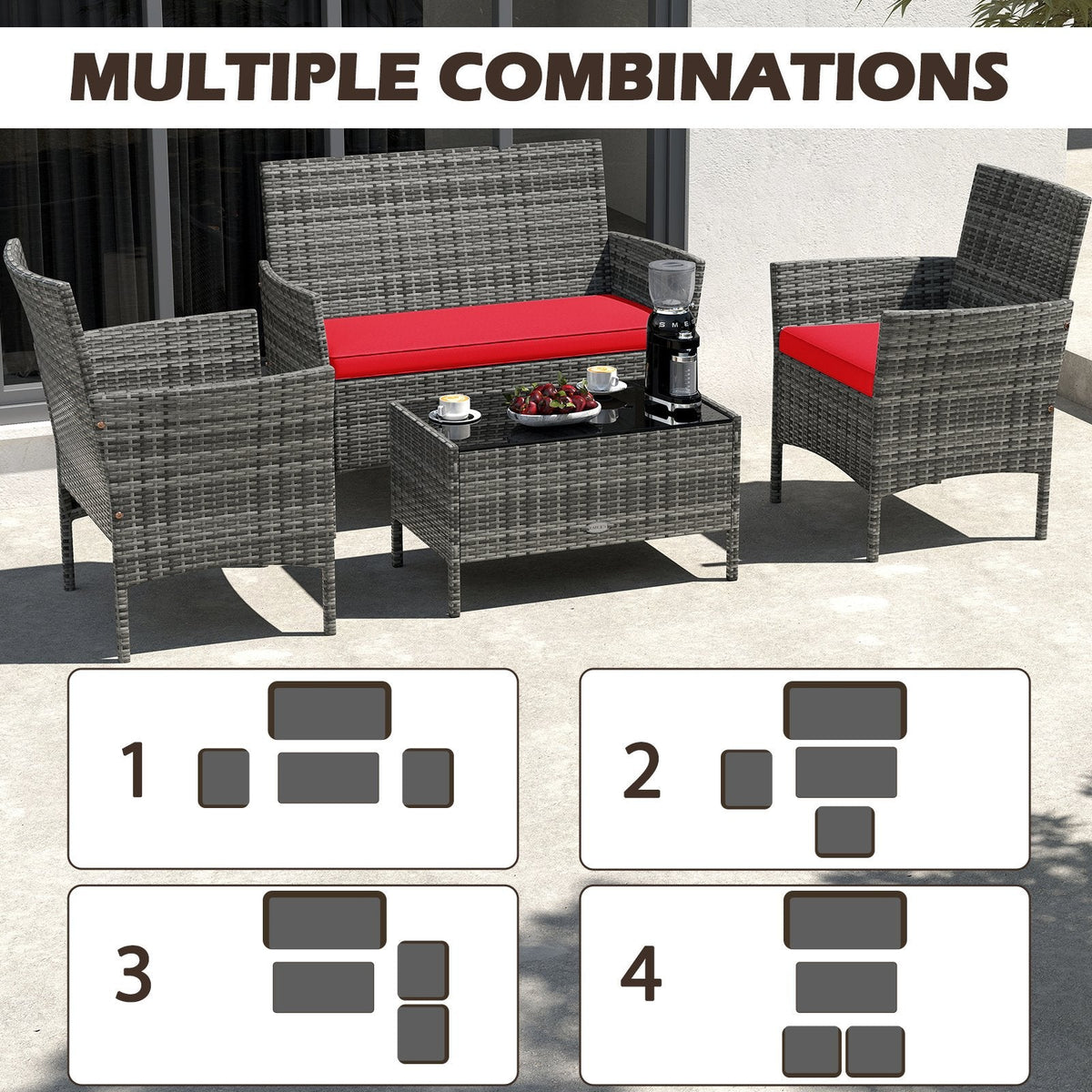 4 Piece Rattan Patio Conversation Set with Tempered Glass Coffee Table, Red