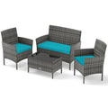 4 Piece Rattan Patio Conversation Set with Tempered Glass Coffee Table, Turquoise