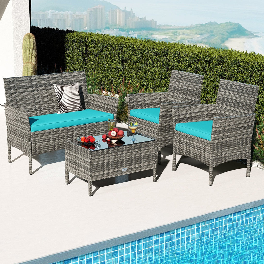 4 Piece Rattan Patio Conversation Set with Tempered Glass Coffee Table, Turquoise