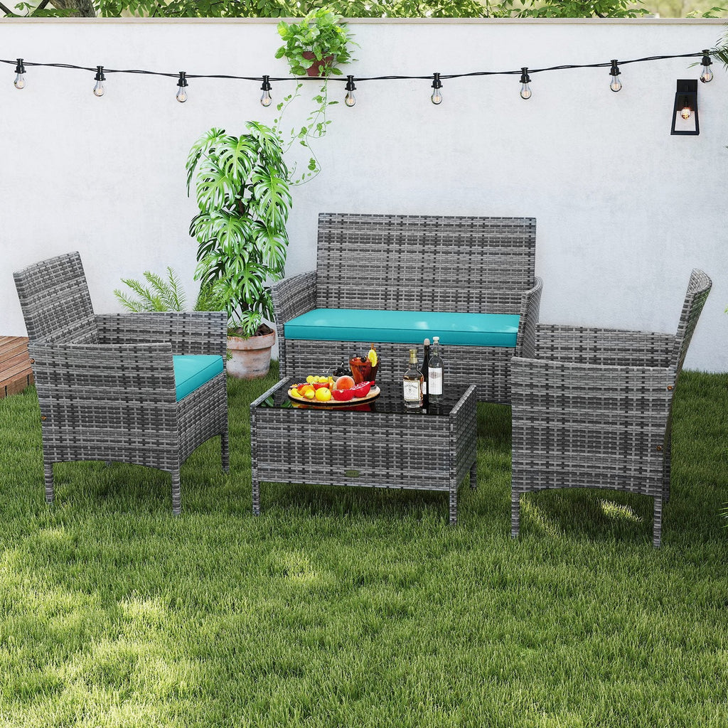 4 Piece Rattan Patio Conversation Set with Tempered Glass Coffee Table, Turquoise