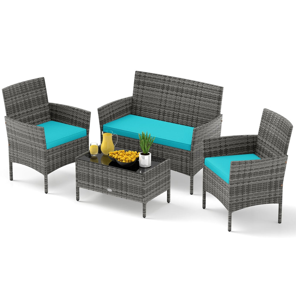 4 Piece Rattan Patio Conversation Set with Tempered Glass Coffee Table, Turquoise