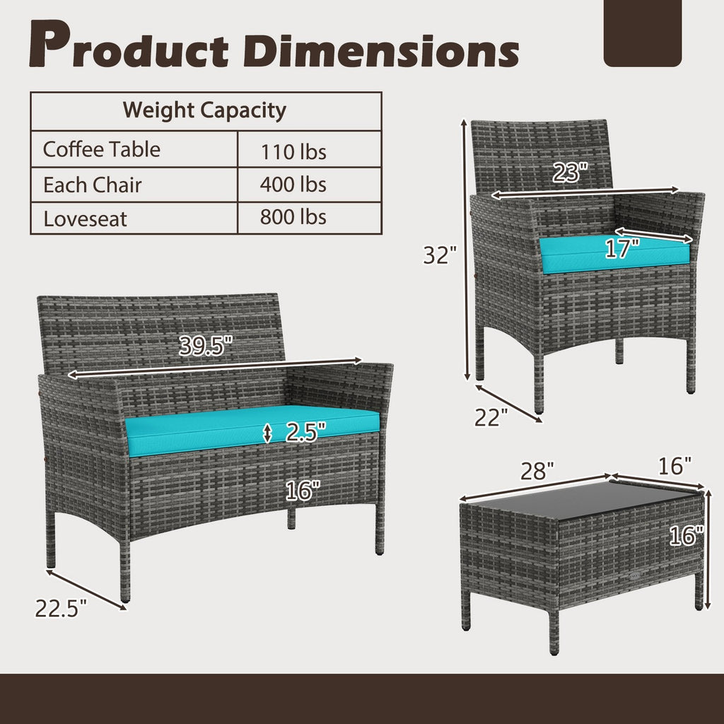 4 Piece Rattan Patio Conversation Set with Tempered Glass Coffee Table, Turquoise