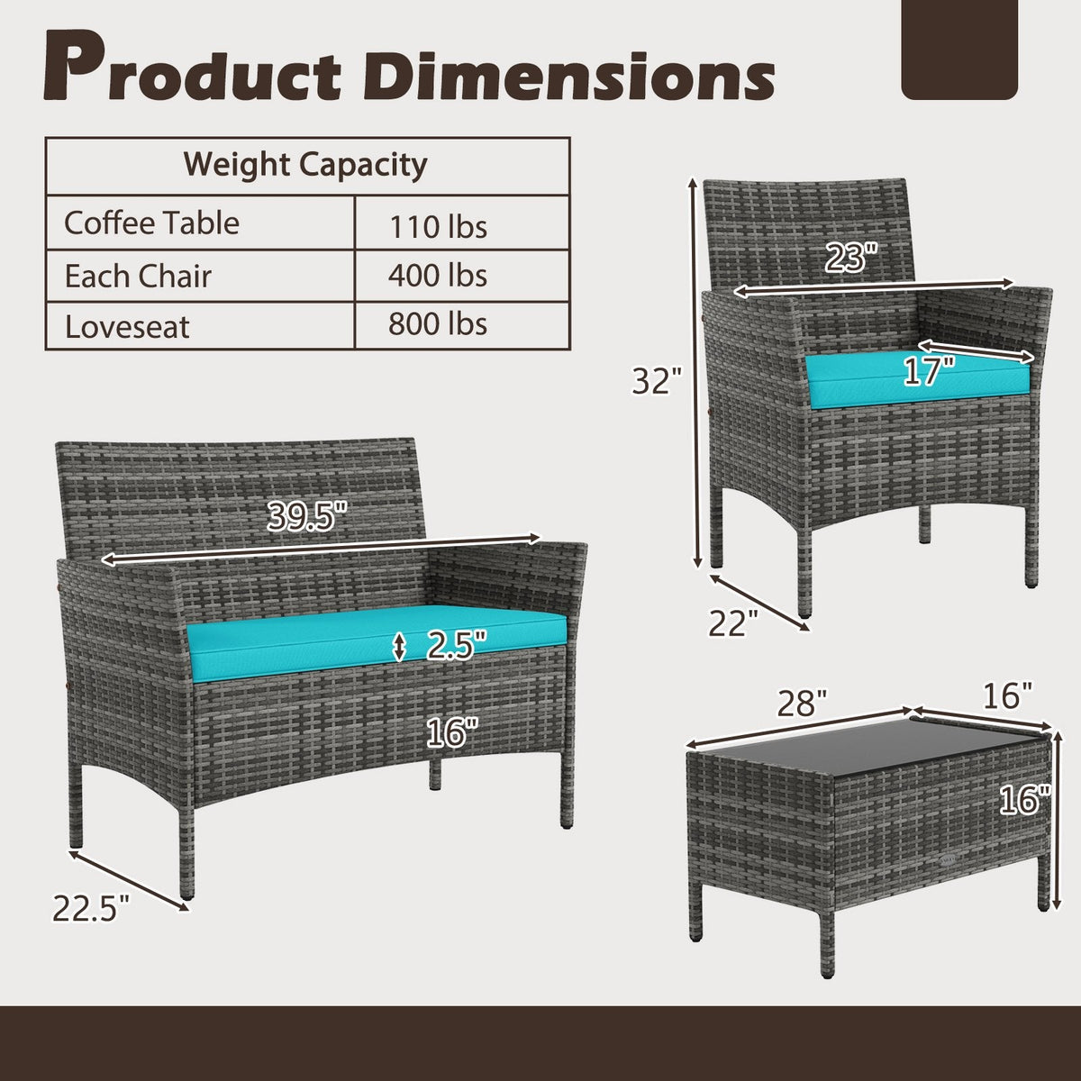 4 Piece Rattan Patio Conversation Set with Tempered Glass Coffee Table, Turquoise