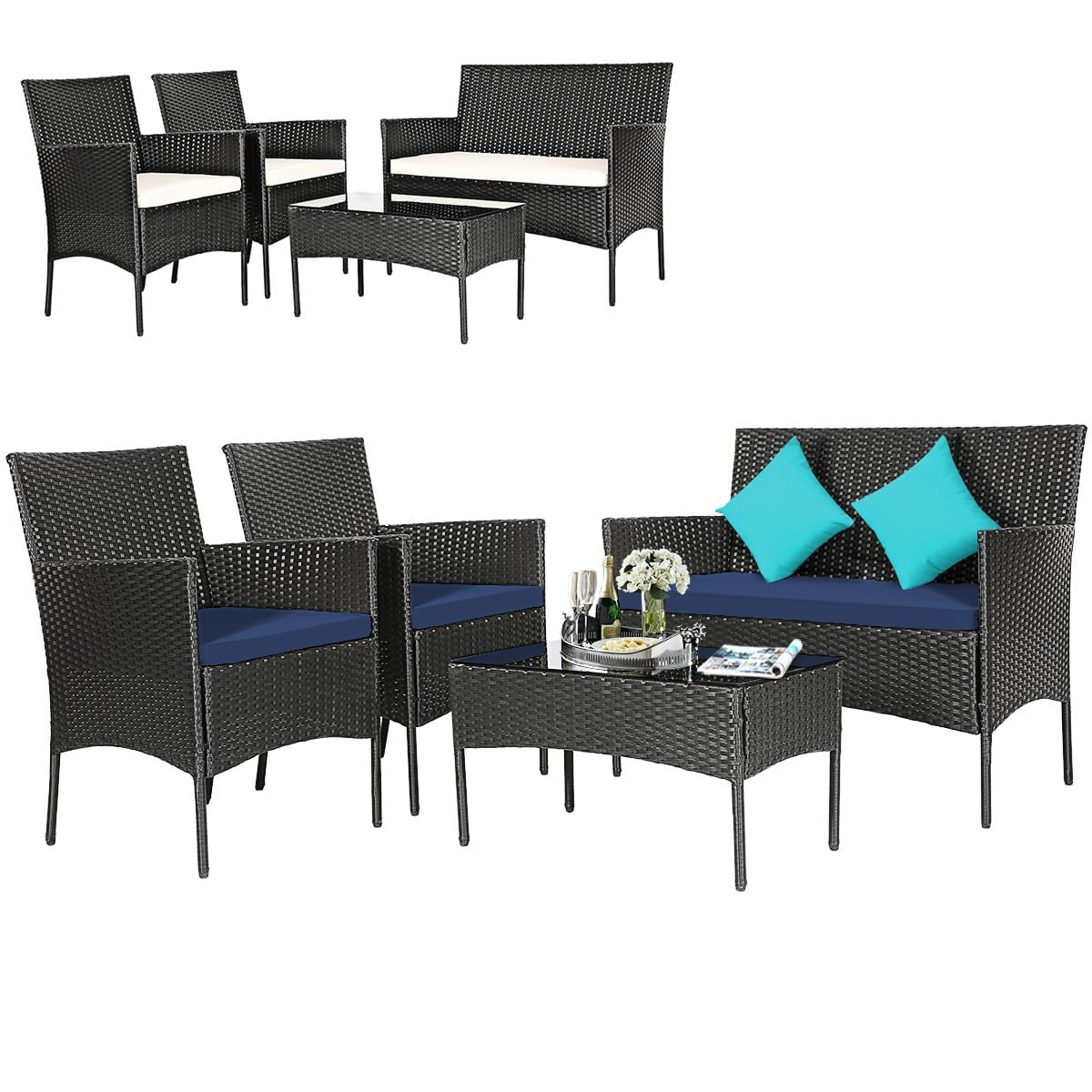 4 Piece Rattan Patio Conversation Set with Glass Coffee Table, Navy and Off White