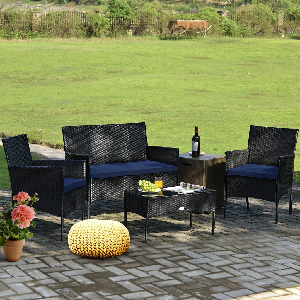 4 Piece Rattan Patio Conversation Set with Glass Coffee Table, Navy and Off White