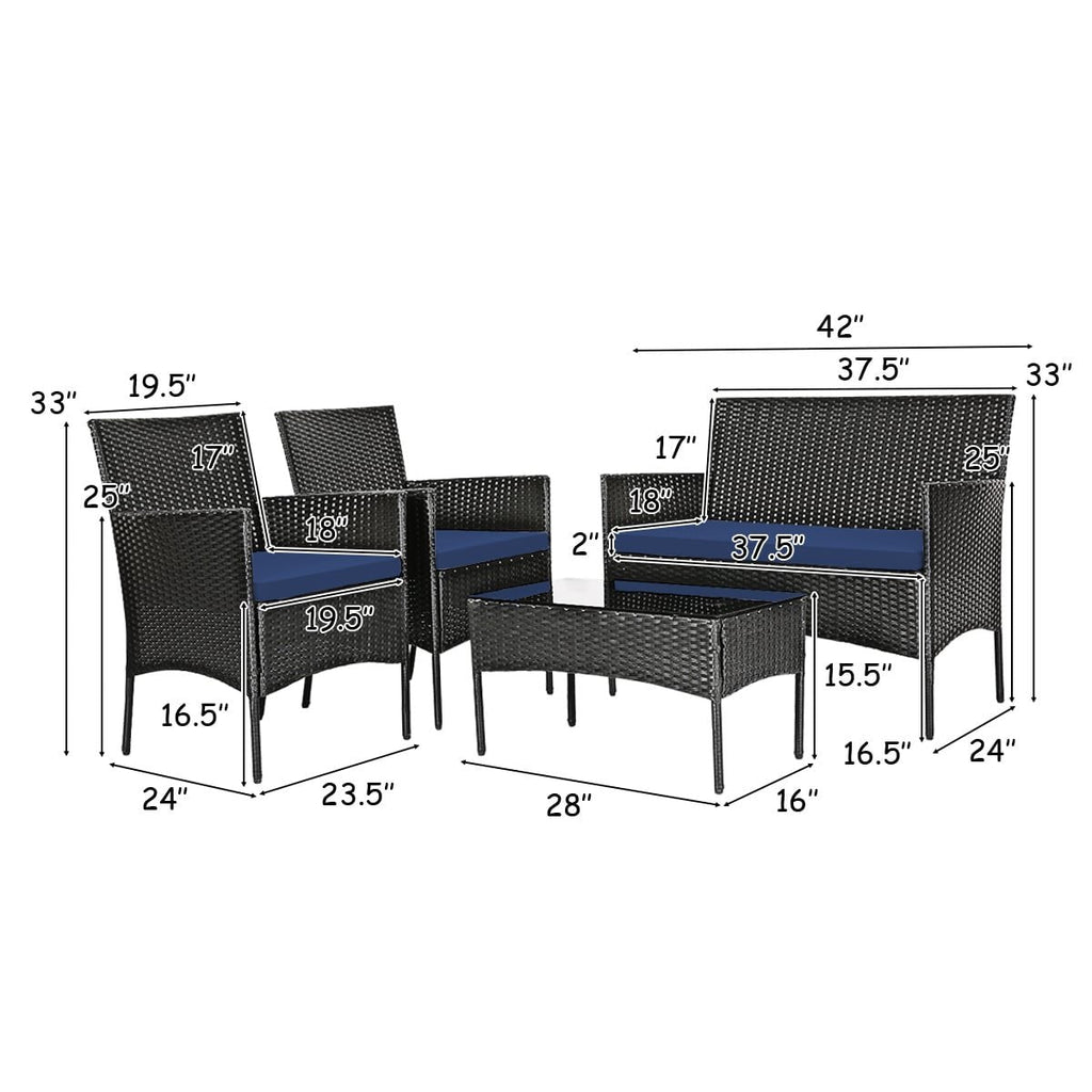 4 Piece Rattan Patio Conversation Set with Glass Coffee Table, Navy and Off White
