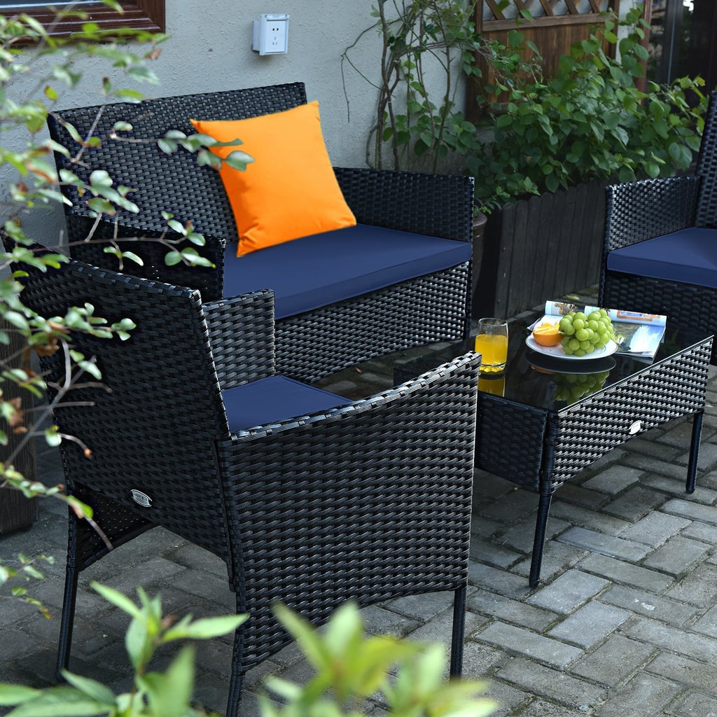 4 Piece Rattan Patio Conversation Set with Glass Coffee Table, Navy and Off White