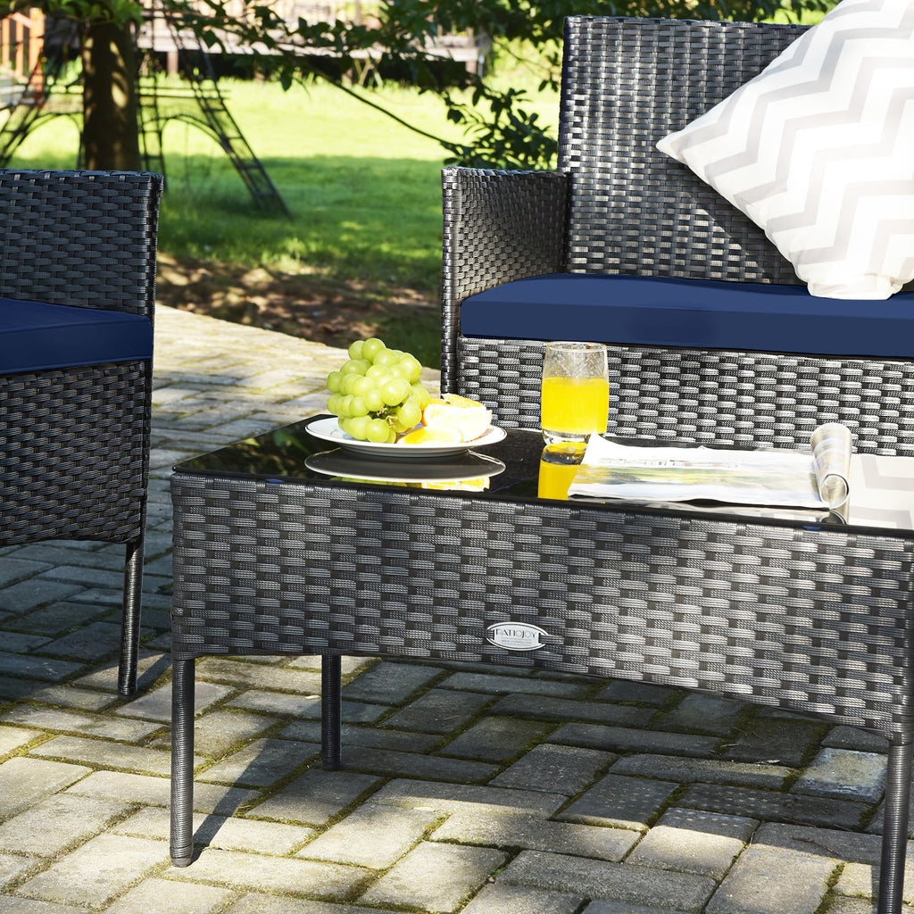 4 Piece Rattan Patio Conversation Set with Glass Coffee Table, Navy and Off White