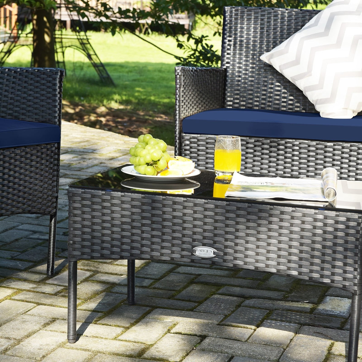 4 Piece Rattan Patio Conversation Set with Glass Coffee Table, Navy and Off White