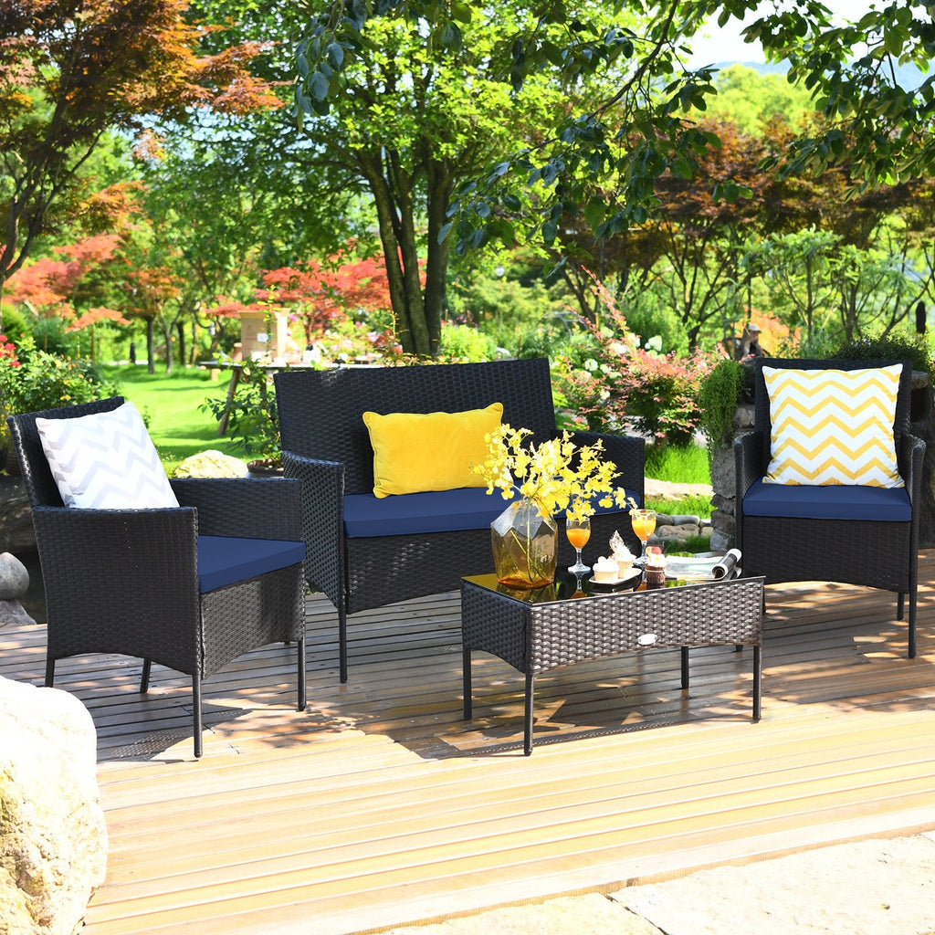 4 Piece Rattan Patio Conversation Set with Glass Coffee Table, Navy and Off White
