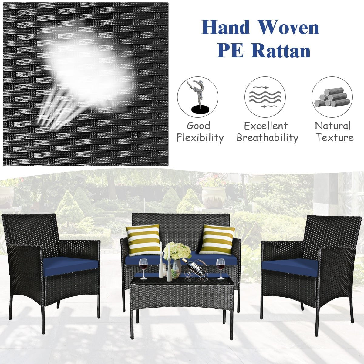 4 Piece Rattan Patio Conversation Set with Glass Coffee Table, Navy and Off White