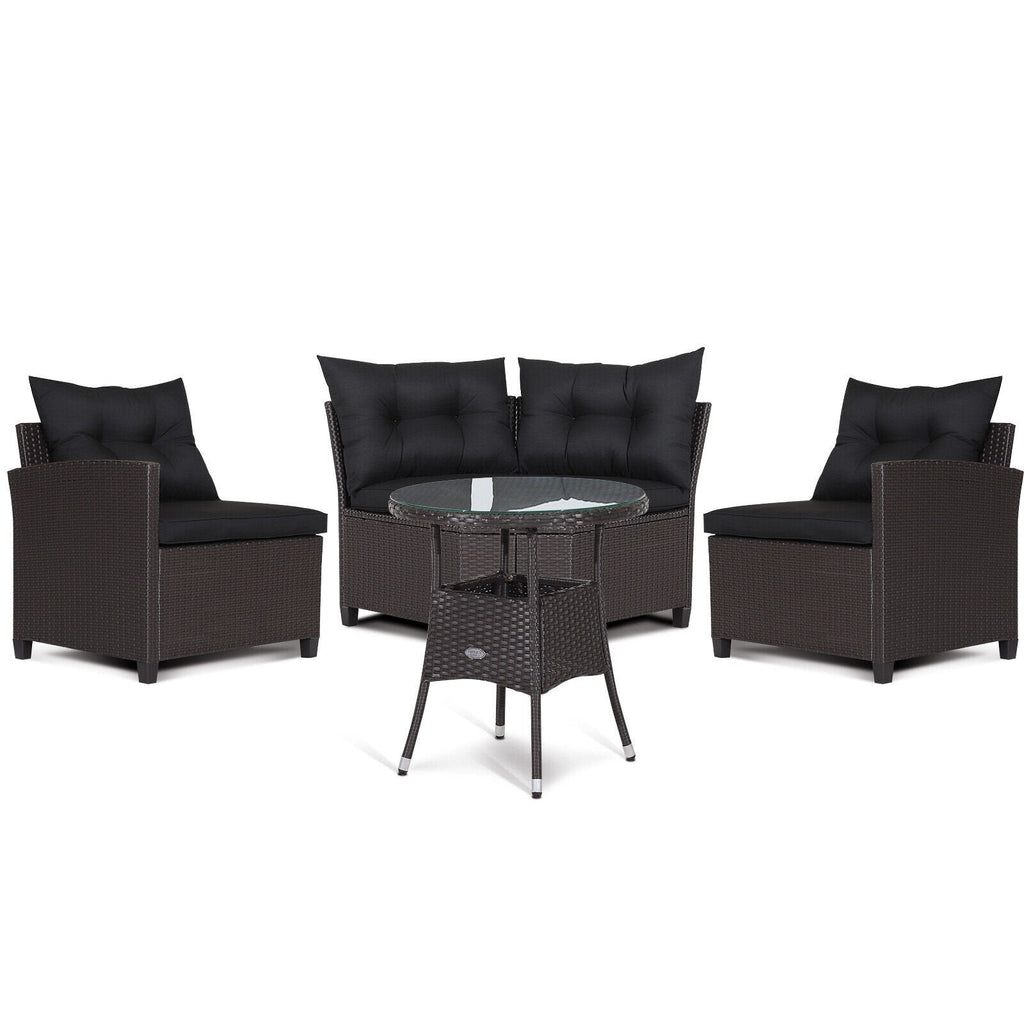 4 Piece Patio Rattan Corner Sofa Set with Clips, Curved Middle Sofa, 2 Side Sofas and Round Glass Table, Black