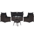 4 Piece Patio Rattan Corner Sofa Set with Clips, Curved Middle Sofa, 2 Side Sofas and Round Glass Table, Black