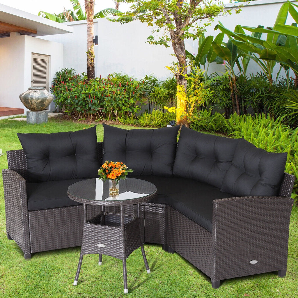 4 Piece Patio Rattan Corner Sofa Set with Clips, Curved Middle Sofa, 2 Side Sofas and Round Glass Table, Black