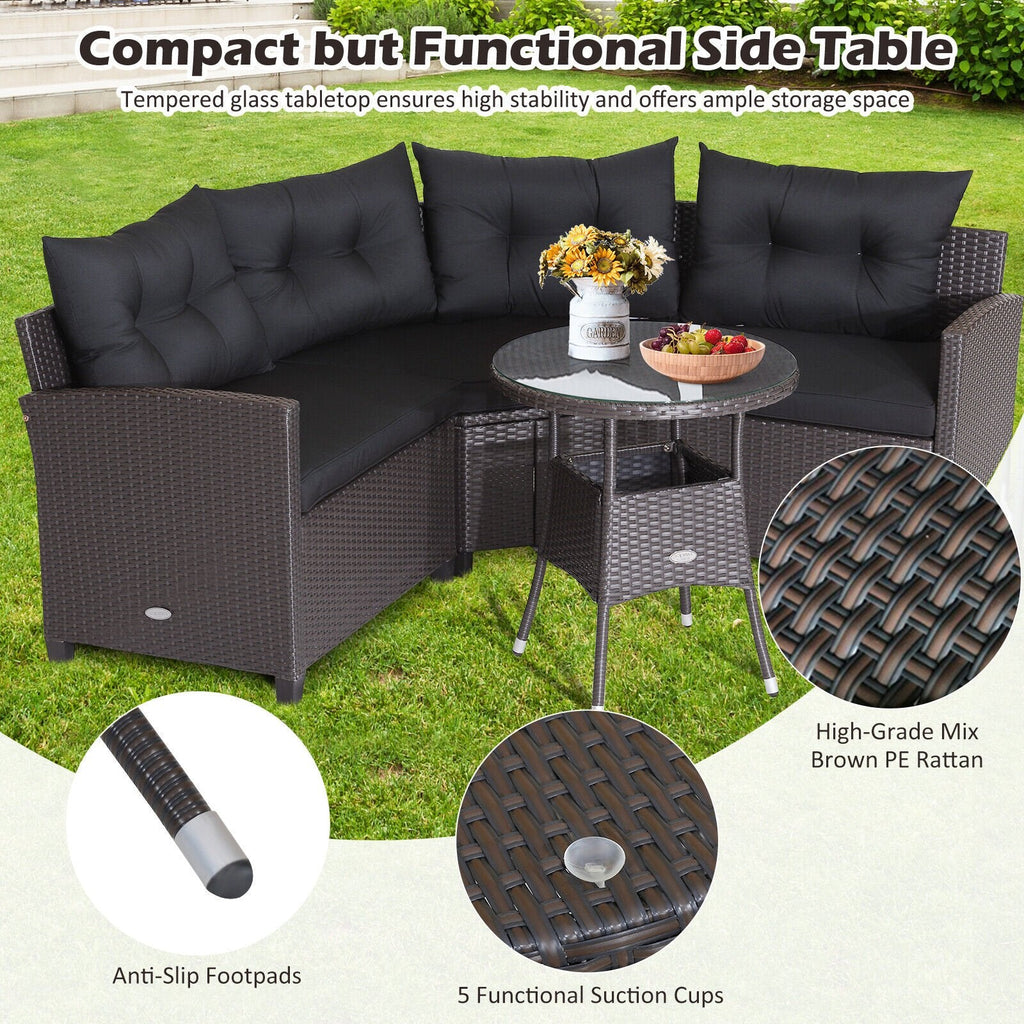 4 Piece Patio Rattan Corner Sofa Set with Clips, Curved Middle Sofa, 2 Side Sofas and Round Glass Table, Black