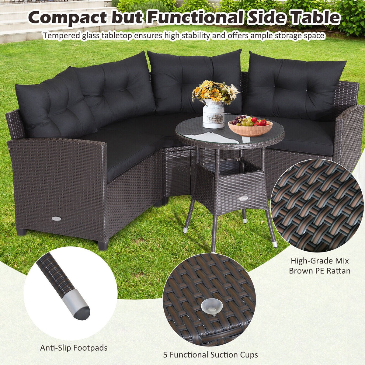 4 Piece Patio Rattan Corner Sofa Set with Clips, Curved Middle Sofa, 2 Side Sofas and Round Glass Table, Black
