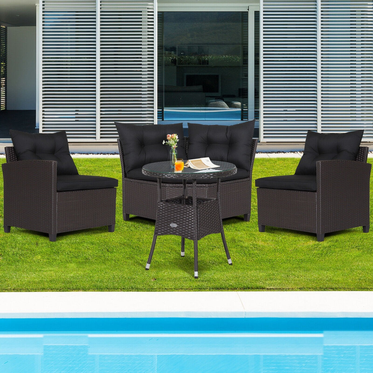 4 Piece Patio Rattan Corner Sofa Set with Clips, Curved Middle Sofa, 2 Side Sofas and Round Glass Table, Black