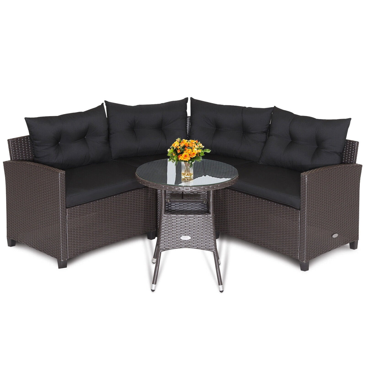 4 Piece Patio Rattan Corner Sofa Set with Clips, Curved Middle Sofa, 2 Side Sofas and Round Glass Table, Black