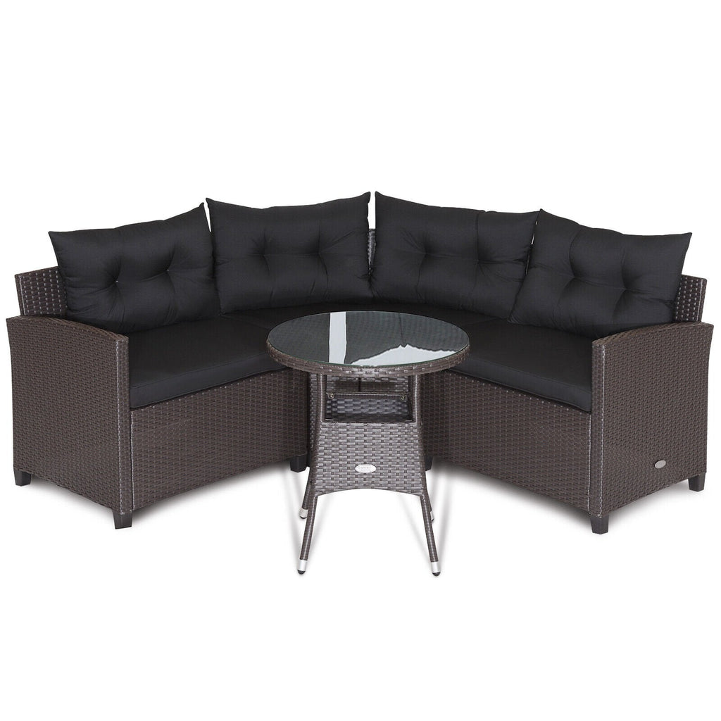 4 Piece Patio Rattan Corner Sofa Set with Clips, Curved Middle Sofa, 2 Side Sofas and Round Glass Table, Black