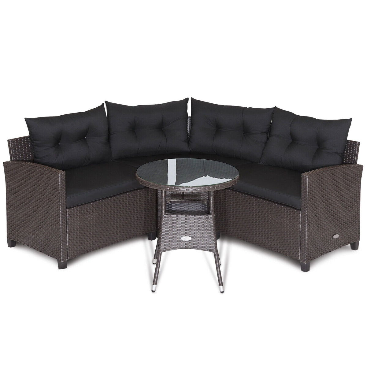 4 Piece Patio Rattan Corner Sofa Set with Clips, Curved Middle Sofa, 2 Side Sofas and Round Glass Table, Black