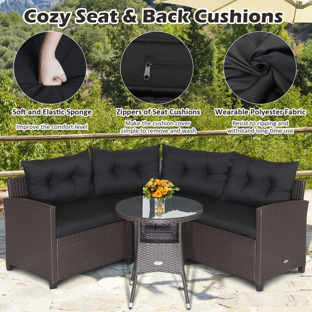 4 Piece Patio Rattan Corner Sofa Set with Clips, Curved Middle Sofa, 2 Side Sofas and Round Glass Table, Black
