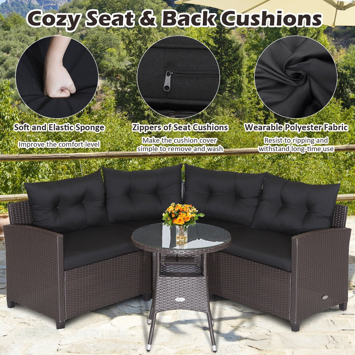 4 Piece Patio Rattan Corner Sofa Set with Clips, Curved Middle Sofa, 2 Side Sofas and Round Glass Table, Black
