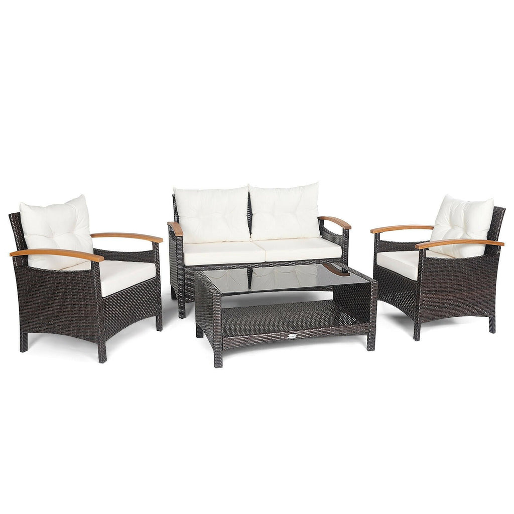 4 Piece Rattan Patio Conversation Set with Acacia Armrests and 2 Tier Glass Table, Off White